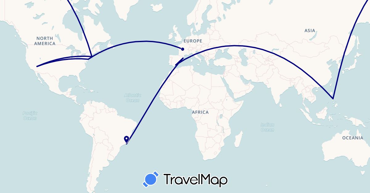 TravelMap itinerary: driving in Brazil, Spain, France, Philippines, United States (Asia, Europe, North America, South America)